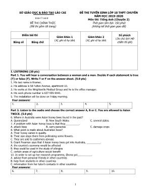 Đề thi tuyển sinh Lớp 10 THPT chuyên môn Tiếng Anh (Chuyên 2) - Năm học 2019-2020 - Phòng giáo dục và đào tạo Lào Cai (Có đáp án)